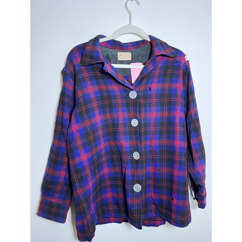 Vintage Chippewa Woolen Mills Virgin Wool Plaid Flannel Shirt Blue Distressed